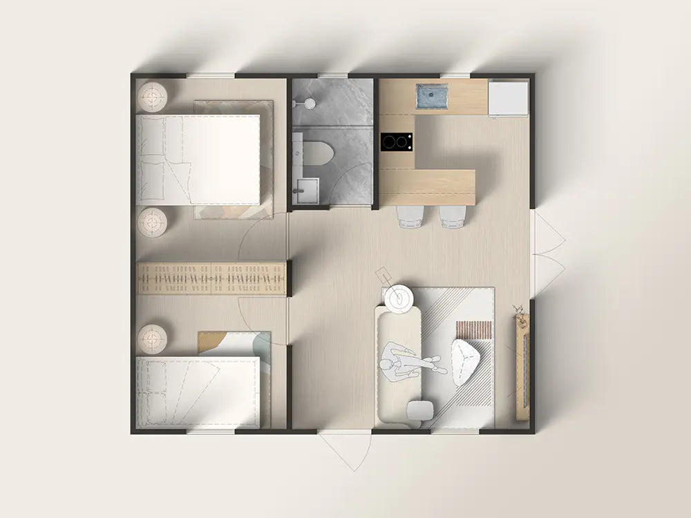 SmartSpace 2-Bedroom Prefab Tiny House with Porch – Modern Modular Home with Kitchen, Bathroom, and Living Area