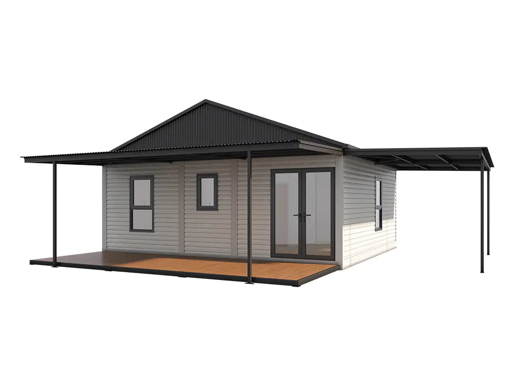 SmartSpace 2-Bedroom Prefab Tiny House with Porch – Modern Modular Home with Kitchen, Bathroom, and Living Area